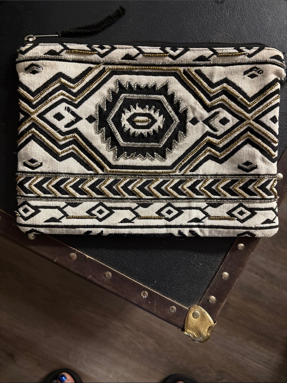 Embroidered Geometric Clutch - Black, White & Gold Accents